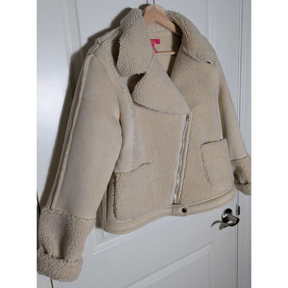 Catherine Malandrino Faux Shearling Moto Jacket Medium Beige Suede Zip - Picture 3 of 10